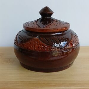 Small carved wood trinket bowl with lid